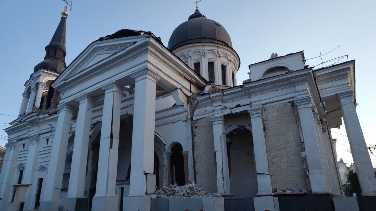 Частичное восстановление крыши Спасо-Преображенского собора в Одессе после обстрела